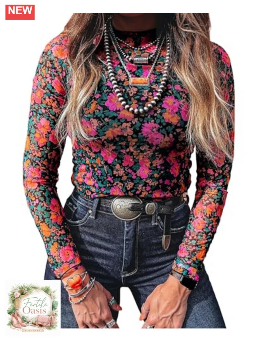 Floral Mesh Long Sleeve Sheer Top Women Mock Neck Blouse